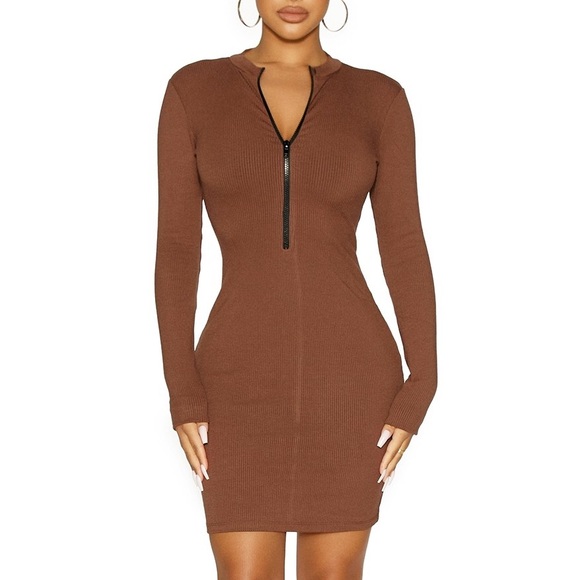 Naked Wardrobe Zip It for Me Snatched Dress in Chocolate - Picture 3 of 4